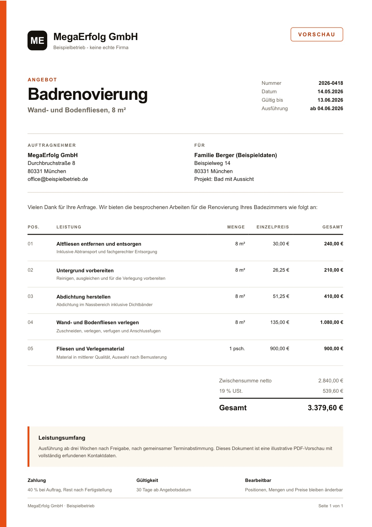 PDF-Vorschau eines deutschen Angebots für eine Badrenovierung mit fünf bearbeitbaren Positionen