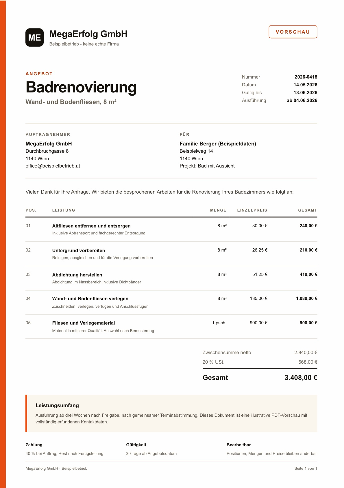 PDF-Vorschau eines österreichischen Angebots für eine Badrenovierung mit fünf bearbeitbaren Positionen