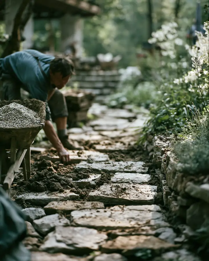 Garten- und Landschaftsbauer setzt Natursteinplatten in einen Gartenweg